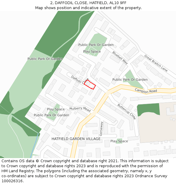 2, DAFFODIL CLOSE, HATFIELD, AL10 9FF: Location map and indicative extent of plot