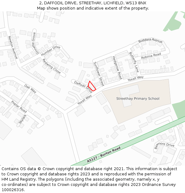 2, DAFFODIL DRIVE, STREETHAY, LICHFIELD, WS13 8NX: Location map and indicative extent of plot