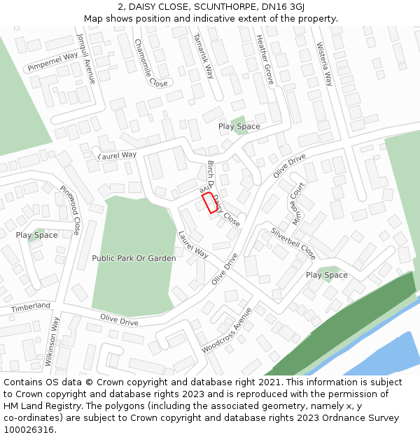 2, DAISY CLOSE, SCUNTHORPE, DN16 3GJ: Location map and indicative extent of plot
