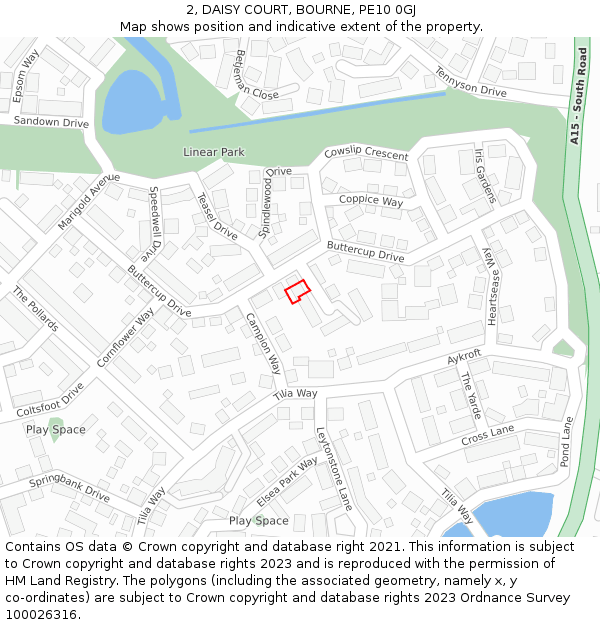 2, DAISY COURT, BOURNE, PE10 0GJ: Location map and indicative extent of plot