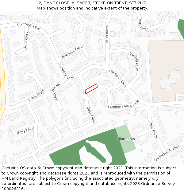 2, DANE CLOSE, ALSAGER, STOKE-ON-TRENT, ST7 2HZ: Location map and indicative extent of plot