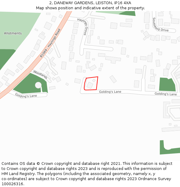 2, DANEWAY GARDENS, LEISTON, IP16 4XA: Location map and indicative extent of plot