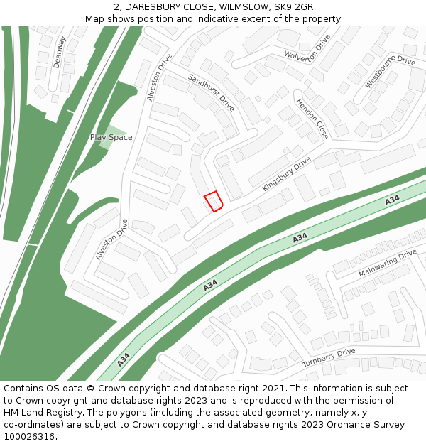 2, DARESBURY CLOSE, WILMSLOW, SK9 2GR: Location map and indicative extent of plot