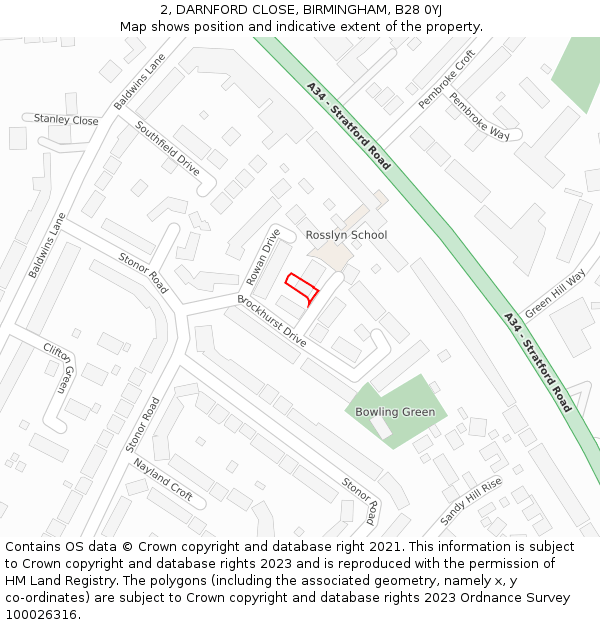 2, DARNFORD CLOSE, BIRMINGHAM, B28 0YJ: Location map and indicative extent of plot