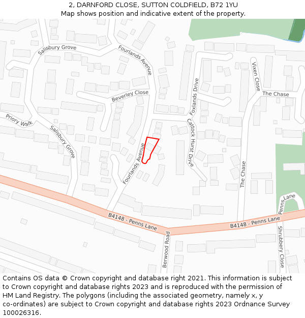 2, DARNFORD CLOSE, SUTTON COLDFIELD, B72 1YU: Location map and indicative extent of plot