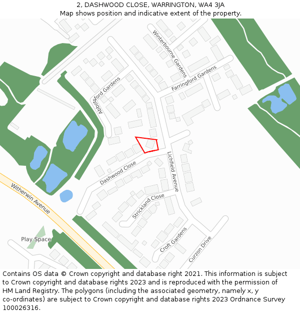 2, DASHWOOD CLOSE, WARRINGTON, WA4 3JA: Location map and indicative extent of plot