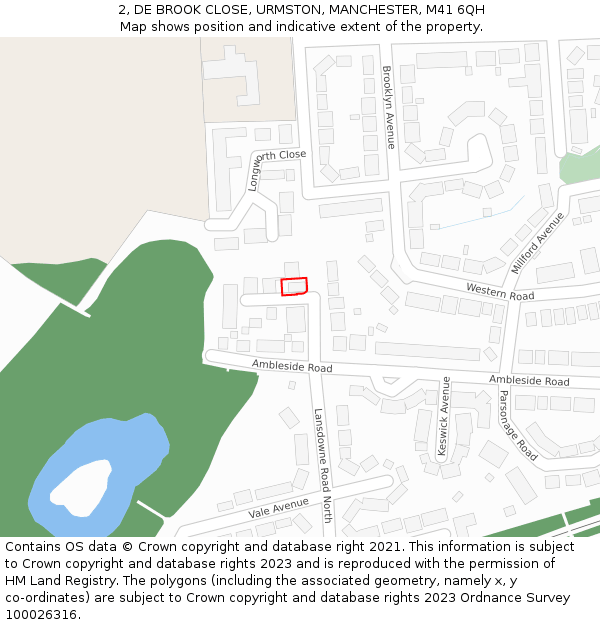 2, DE BROOK CLOSE, URMSTON, MANCHESTER, M41 6QH: Location map and indicative extent of plot