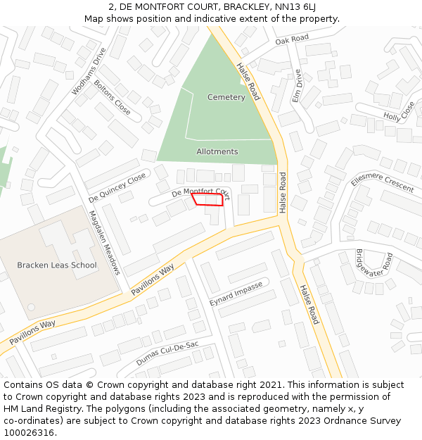 2, DE MONTFORT COURT, BRACKLEY, NN13 6LJ: Location map and indicative extent of plot