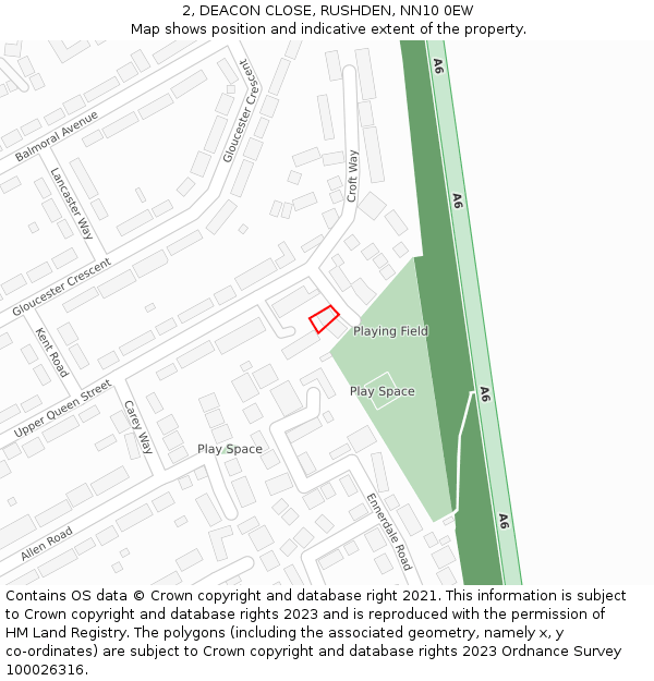 2, DEACON CLOSE, RUSHDEN, NN10 0EW: Location map and indicative extent of plot