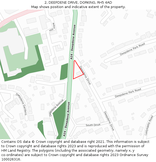 2, DEEPDENE DRIVE, DORKING, RH5 4AD: Location map and indicative extent of plot