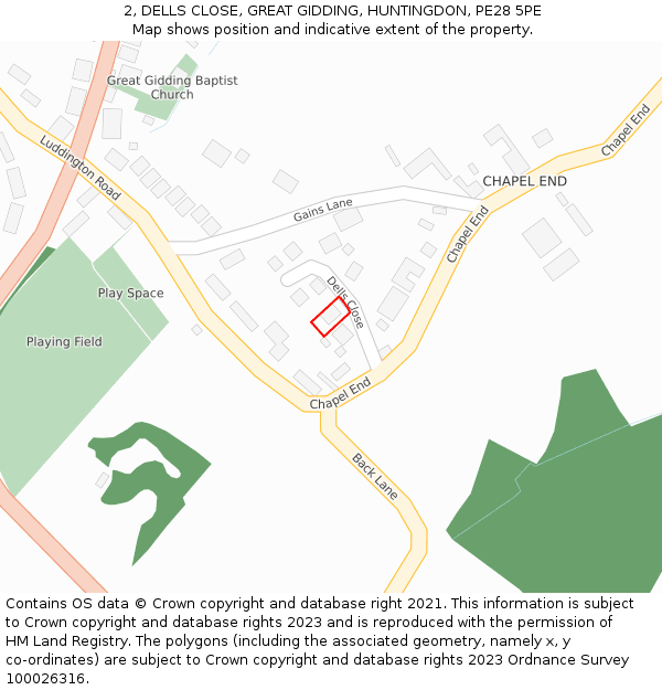 2, DELLS CLOSE, GREAT GIDDING, HUNTINGDON, PE28 5PE: Location map and indicative extent of plot