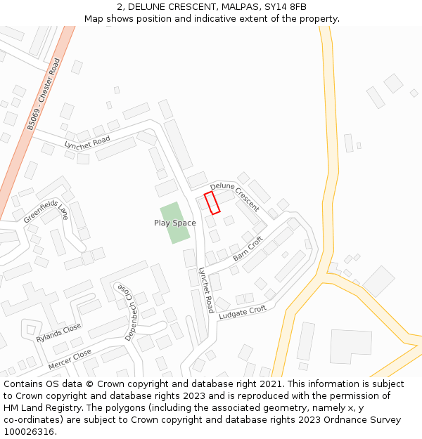 2, DELUNE CRESCENT, MALPAS, SY14 8FB: Location map and indicative extent of plot