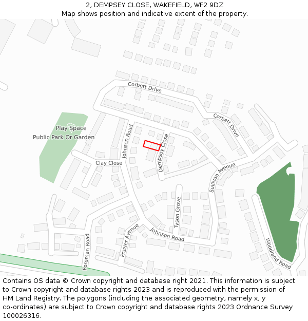 2, DEMPSEY CLOSE, WAKEFIELD, WF2 9DZ: Location map and indicative extent of plot