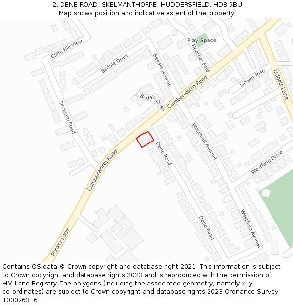 2, DENE ROAD, SKELMANTHORPE, HUDDERSFIELD, HD8 9BU: Location map and indicative extent of plot