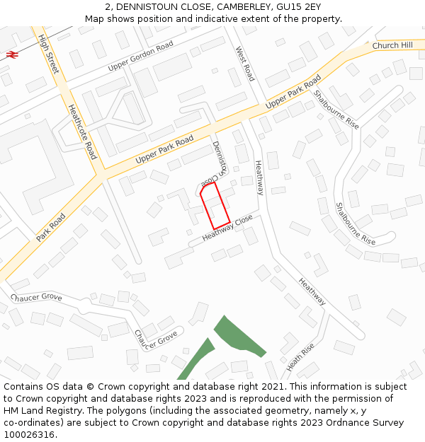 2, DENNISTOUN CLOSE, CAMBERLEY, GU15 2EY: Location map and indicative extent of plot