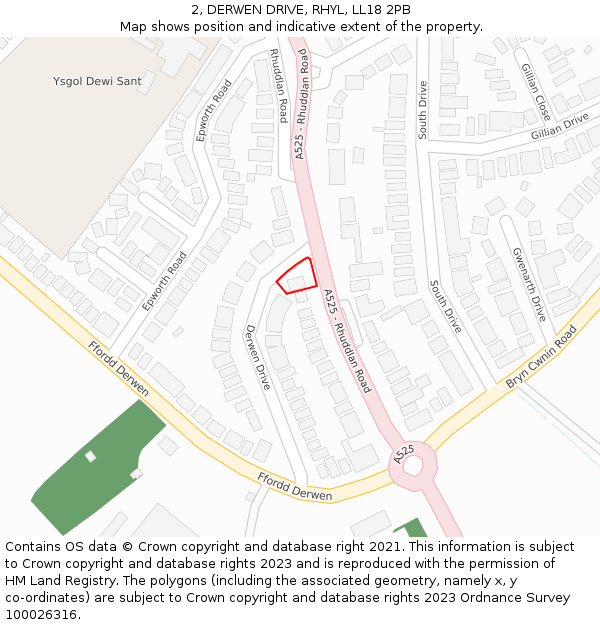 2, DERWEN DRIVE, RHYL, LL18 2PB: Location map and indicative extent of plot