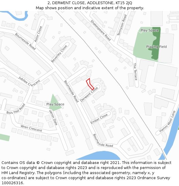 2, DERWENT CLOSE, ADDLESTONE, KT15 2JQ: Location map and indicative extent of plot
