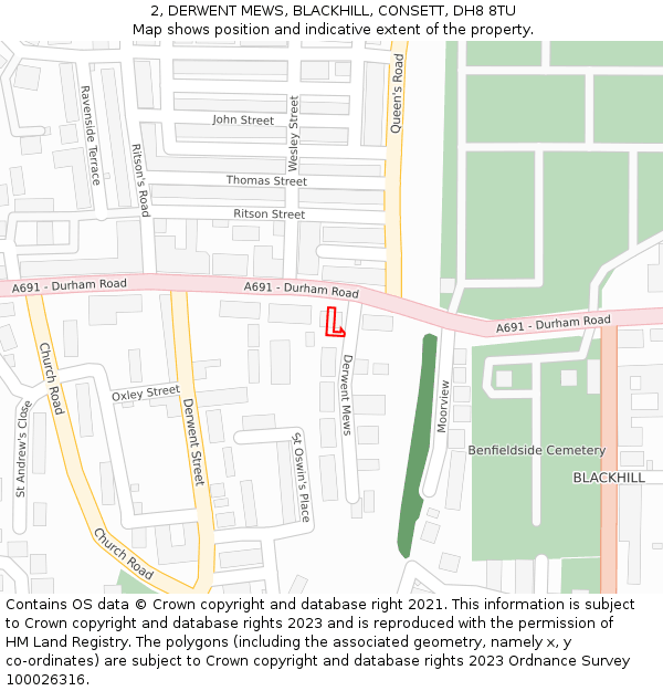 2, DERWENT MEWS, BLACKHILL, CONSETT, DH8 8TU: Location map and indicative extent of plot