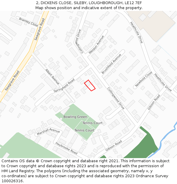 2, DICKENS CLOSE, SILEBY, LOUGHBOROUGH, LE12 7EF: Location map and indicative extent of plot