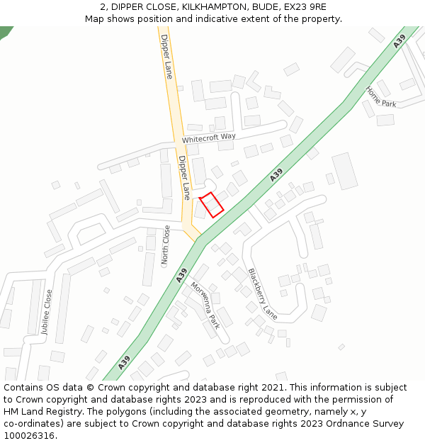 2, DIPPER CLOSE, KILKHAMPTON, BUDE, EX23 9RE: Location map and indicative extent of plot