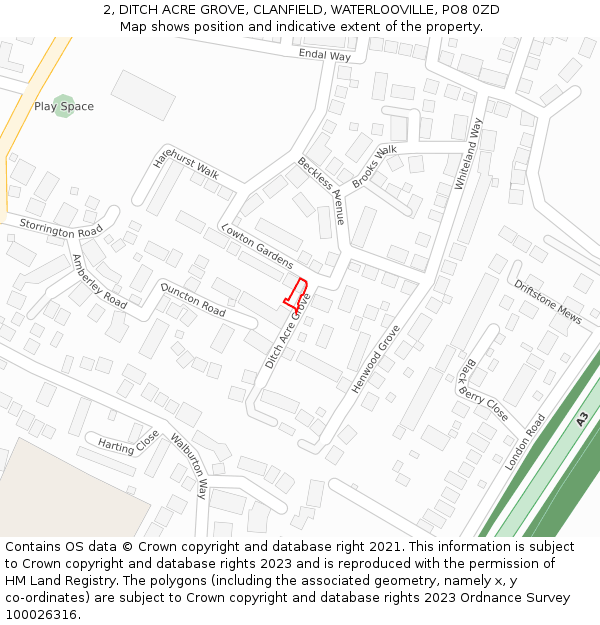 2, DITCH ACRE GROVE, CLANFIELD, WATERLOOVILLE, PO8 0ZD: Location map and indicative extent of plot