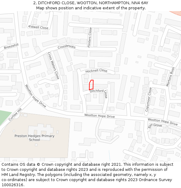 2, DITCHFORD CLOSE, WOOTTON, NORTHAMPTON, NN4 6AY: Location map and indicative extent of plot