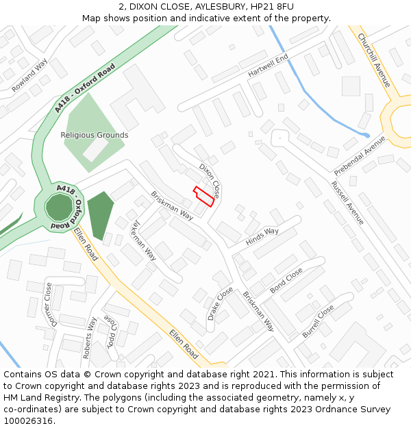 2, DIXON CLOSE, AYLESBURY, HP21 8FU: Location map and indicative extent of plot
