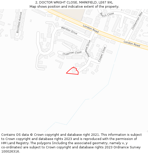 2, DOCTOR WRIGHT CLOSE, MARKFIELD, LE67 9XL: Location map and indicative extent of plot