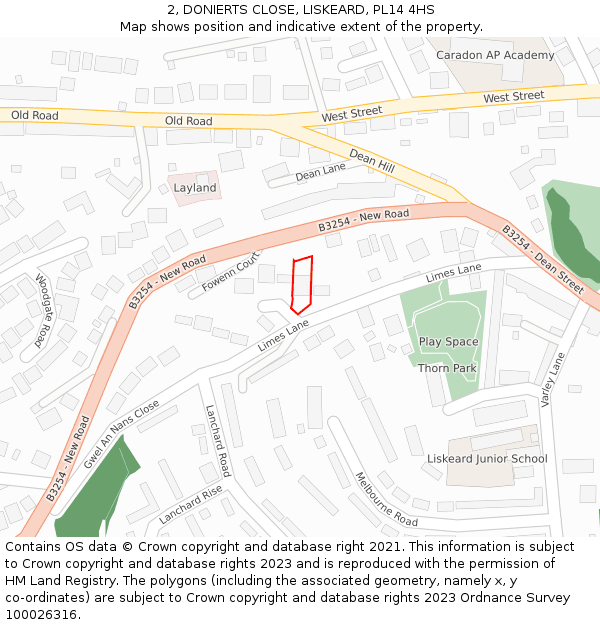 2, DONIERTS CLOSE, LISKEARD, PL14 4HS: Location map and indicative extent of plot