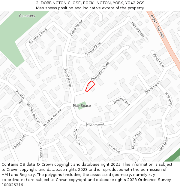 2, DORRINGTON CLOSE, POCKLINGTON, YORK, YO42 2GS: Location map and indicative extent of plot