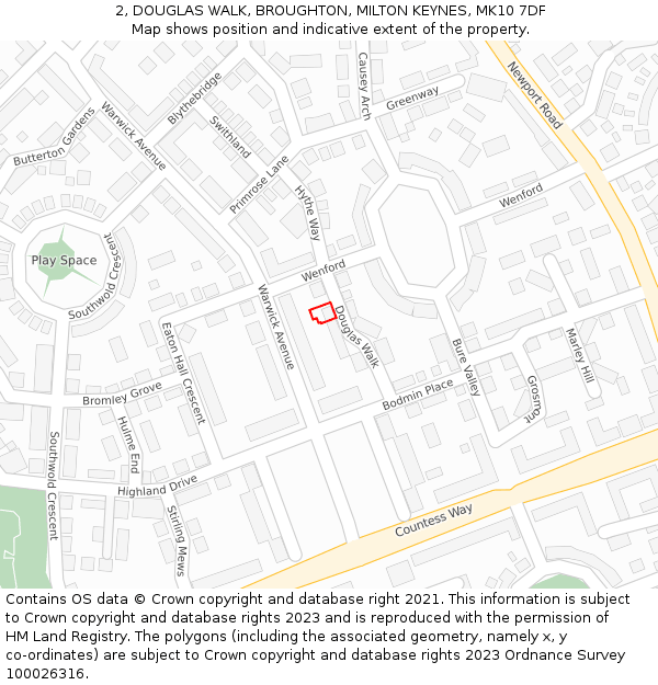 2, DOUGLAS WALK, BROUGHTON, MILTON KEYNES, MK10 7DF: Location map and indicative extent of plot