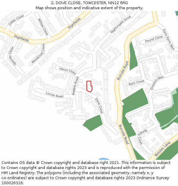 2, DOVE CLOSE, TOWCESTER, NN12 6RG: Location map and indicative extent of plot