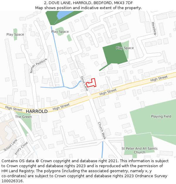 2, DOVE LANE, HARROLD, BEDFORD, MK43 7DF: Location map and indicative extent of plot