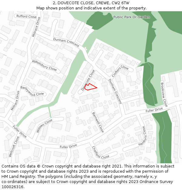 2, DOVECOTE CLOSE, CREWE, CW2 6TW: Location map and indicative extent of plot