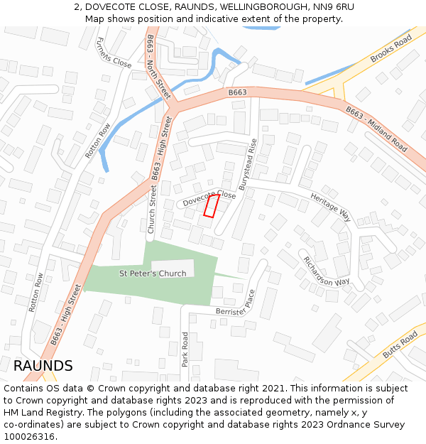 2, DOVECOTE CLOSE, RAUNDS, WELLINGBOROUGH, NN9 6RU: Location map and indicative extent of plot
