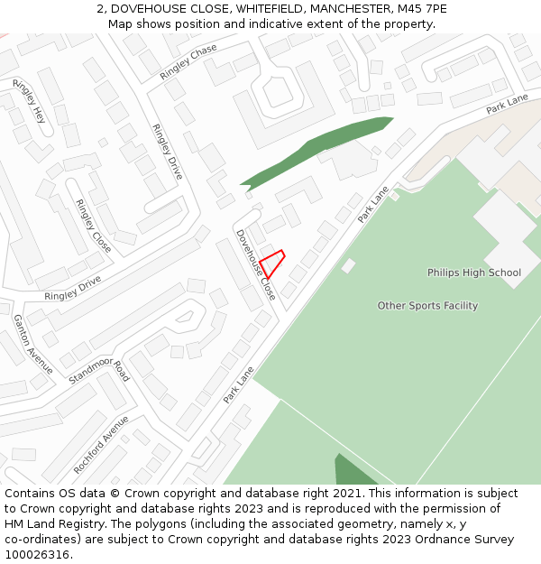2, DOVEHOUSE CLOSE, WHITEFIELD, MANCHESTER, M45 7PE: Location map and indicative extent of plot
