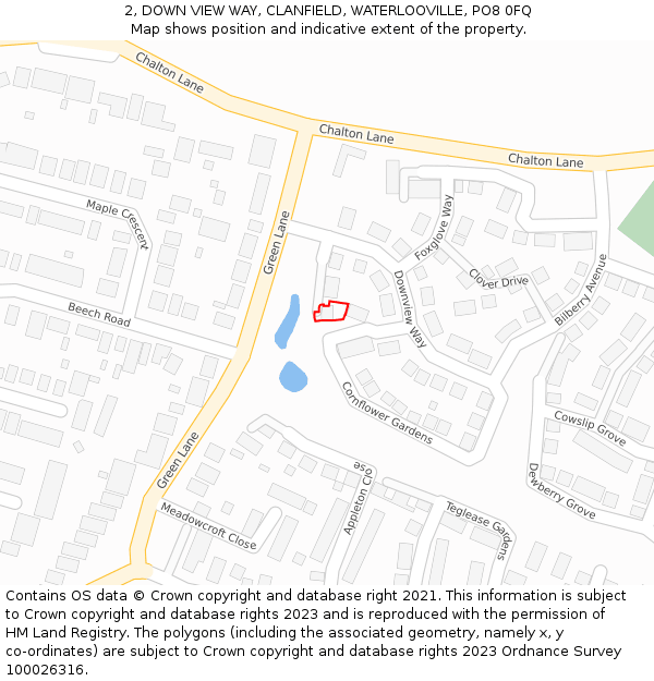 2, DOWN VIEW WAY, CLANFIELD, WATERLOOVILLE, PO8 0FQ: Location map and indicative extent of plot