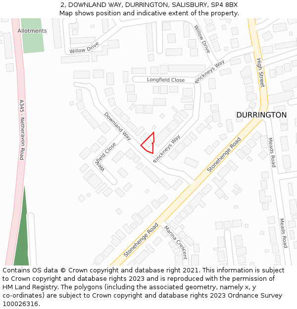 2, DOWNLAND WAY, DURRINGTON, SALISBURY, SP4 8BX: Location map and indicative extent of plot