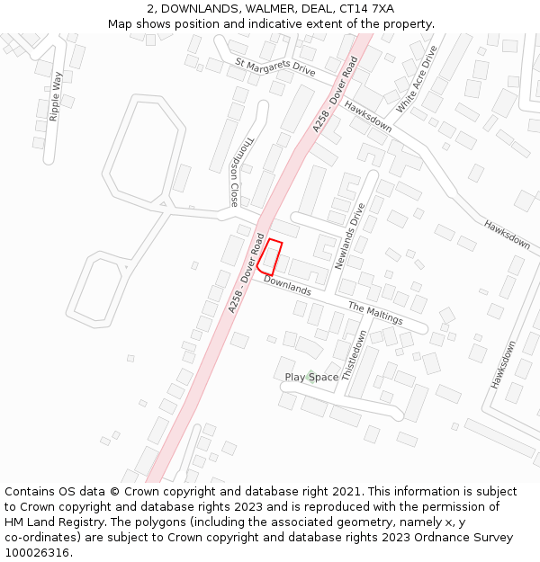 2, DOWNLANDS, WALMER, DEAL, CT14 7XA: Location map and indicative extent of plot