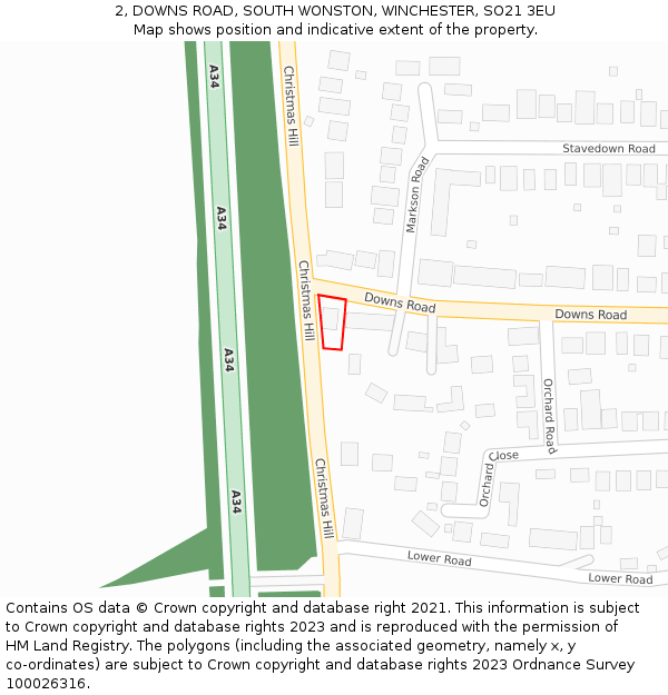 2, DOWNS ROAD, SOUTH WONSTON, WINCHESTER, SO21 3EU: Location map and indicative extent of plot