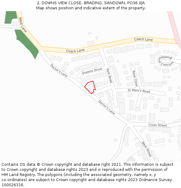 2, DOWNS VIEW CLOSE, BRADING, SANDOWN, PO36 0JA: Location map and indicative extent of plot