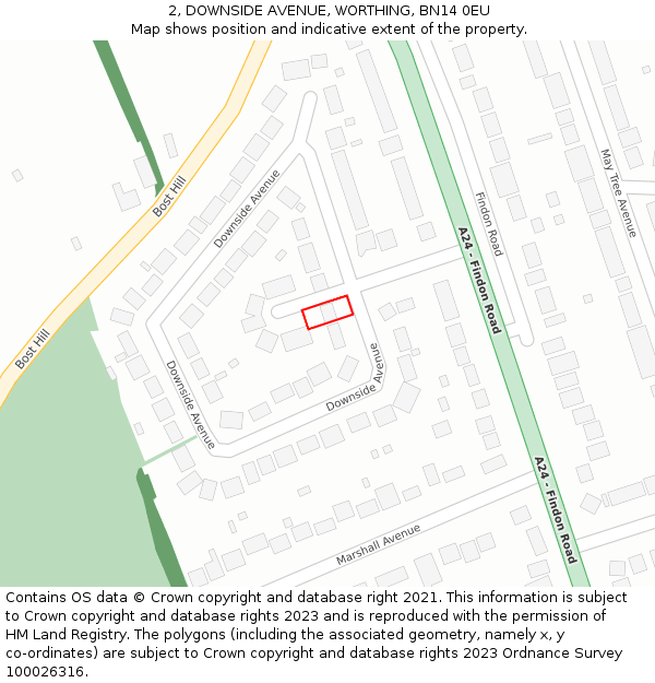 2, DOWNSIDE AVENUE, WORTHING, BN14 0EU: Location map and indicative extent of plot