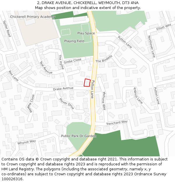 2, DRAKE AVENUE, CHICKERELL, WEYMOUTH, DT3 4NA: Location map and indicative extent of plot