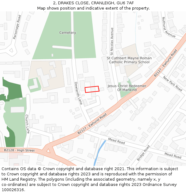 2, DRAKES CLOSE, CRANLEIGH, GU6 7AF: Location map and indicative extent of plot