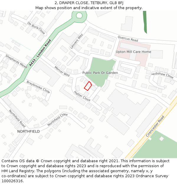 2, DRAPER CLOSE, TETBURY, GL8 8FJ: Location map and indicative extent of plot