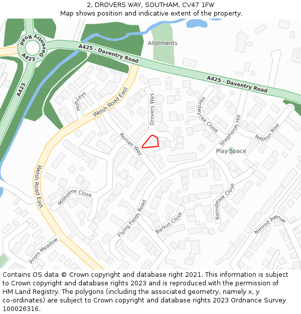 2, DROVERS WAY, SOUTHAM, CV47 1FW: Location map and indicative extent of plot