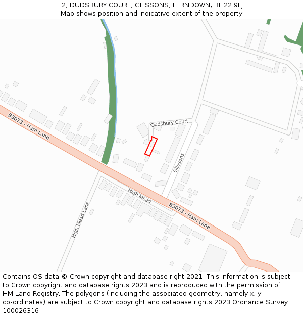 2, DUDSBURY COURT, GLISSONS, FERNDOWN, BH22 9FJ: Location map and indicative extent of plot