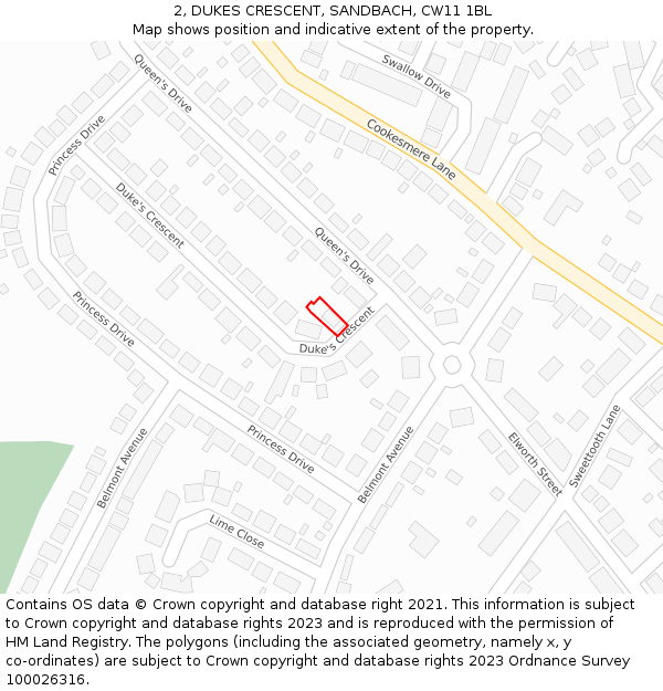 2, DUKES CRESCENT, SANDBACH, CW11 1BL: Location map and indicative extent of plot