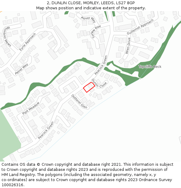 2, DUNLIN CLOSE, MORLEY, LEEDS, LS27 8GP: Location map and indicative extent of plot
