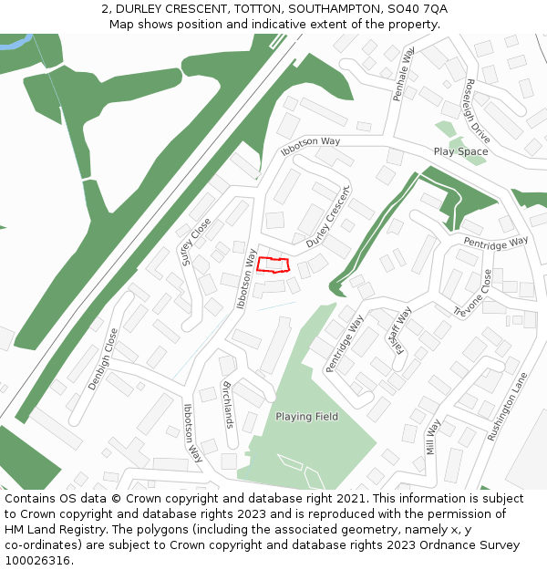 2, DURLEY CRESCENT, TOTTON, SOUTHAMPTON, SO40 7QA: Location map and indicative extent of plot